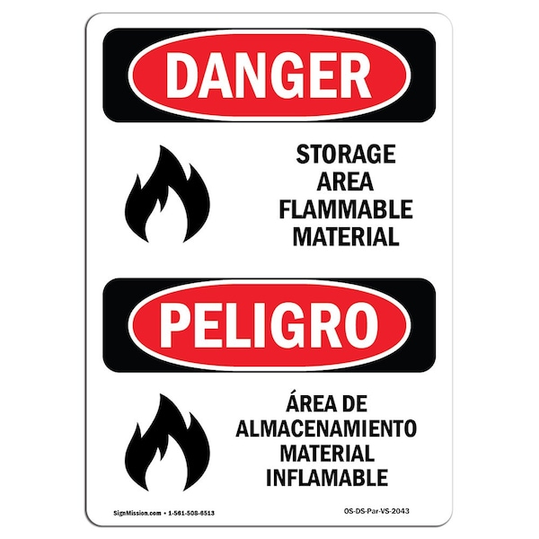 Safety Sign, OSHA Danger, 5" Height, Storage Area Flammable Material, Spanish, 10PK